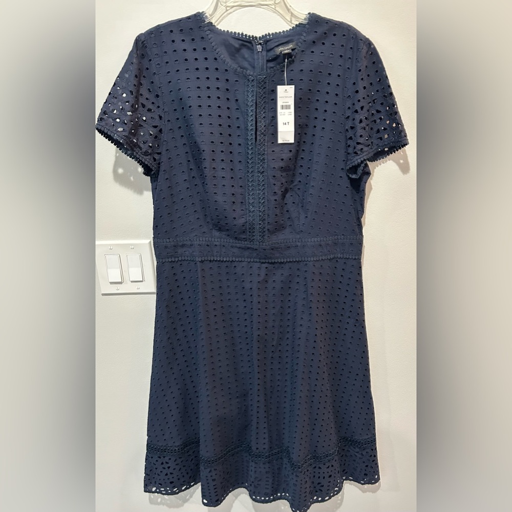 Ann Taylor Navy Blue Eyelet Dress Size 14 T